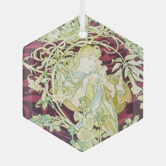Femme à marguerite - Mucha textile panel repro Glass Tree Decoration (Front)