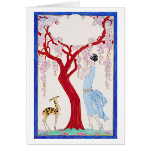 Femme, faon et arbre rouge