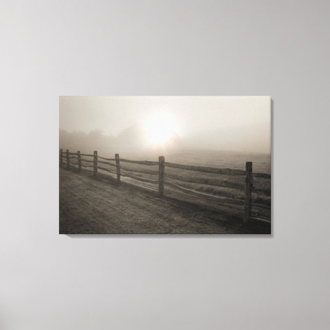 Fence and Sunburst Through Fog near Sharon Canvas Print (Front)