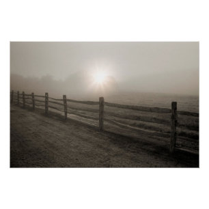 Fence and Sunburst Through Fog near Sharon Poster