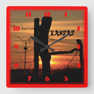 Fence Line Sunset Silhouette Square Wall Clock