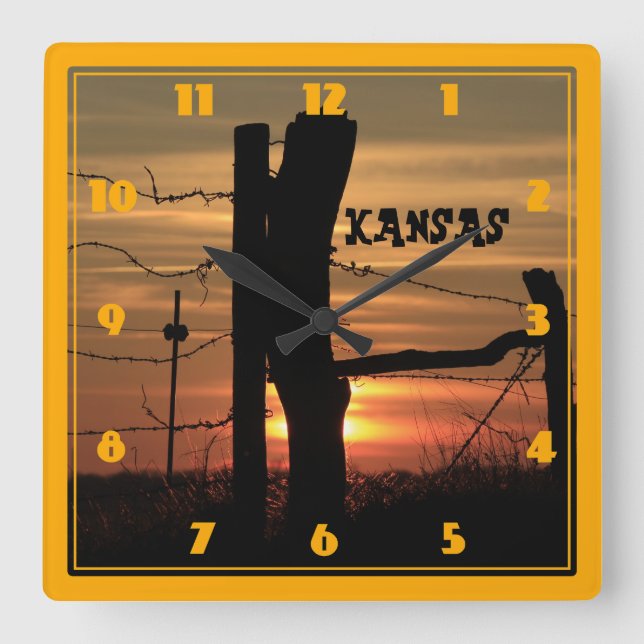 Fence Line Sunset Silhouette Square Wall Clock (Front)