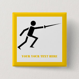 Fencer black silhouette with sword fencing yellow 15 cm square badge