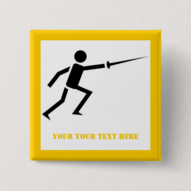 Fencer black silhouette with sword fencing yellow 15 cm square badge (Front)