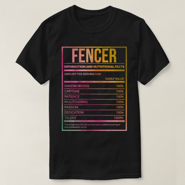 Fencer Funny Fencing Nutrition Label in Watercolor T-Shirt (Design Front)