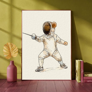 Fencing Teddy Bear Cute Animal Sports Nursery Art Poster