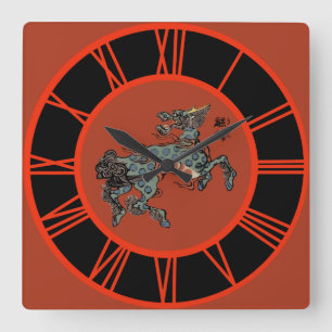 Feng Shui Chinese Qilin Red Numbers Square Wall Clock