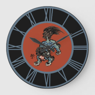 Feng Shui Chinese Shi Lion Blue Numbers Large Clock