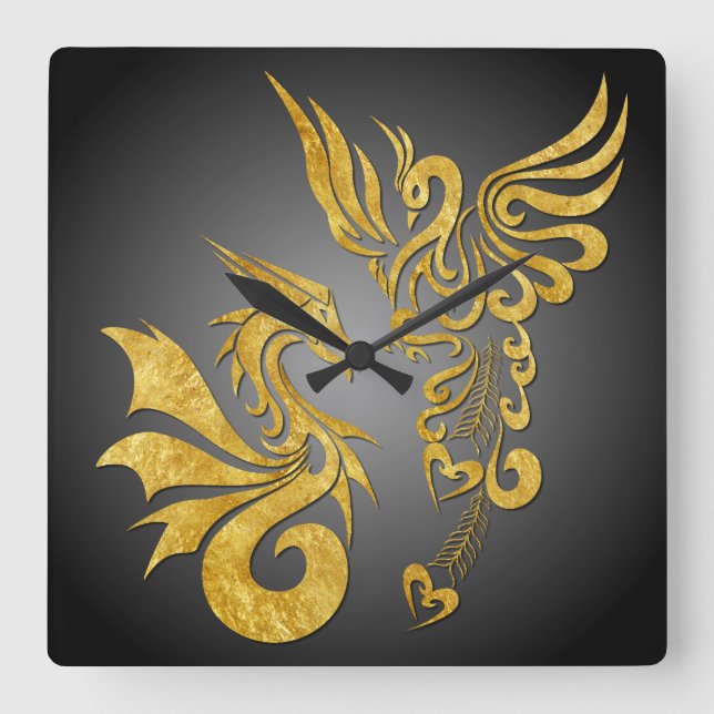 Feng Shui Golden Phoenix & Dragon Clock - black (Front)