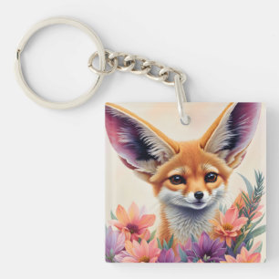 Fennec Fox Floral Portrait Painting Key Ring