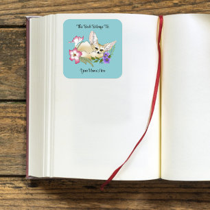 Fennec Fox Pink Purple Flowers Cute Blue Bookplate Square Sticker