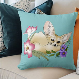 Fennec Fox Pink Purple Flowers Cute Blue Botanical Cushion