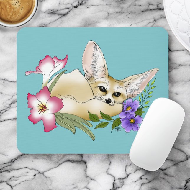 Fennec Fox Pink Purple Flowers Cute Blue Botanical Mouse Mat (Creator Uploaded)