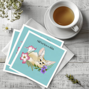 Fennec Fox Pink Purple Flowers Cute Blue Botanical Napkin
