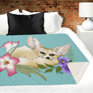 Fennec Fox Pink Purple Flowers Cute Blue Botanical Sherpa Blanket