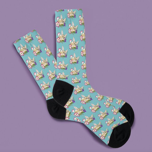 Fennec Fox Pink Purple Flowers Cute Blue Botanical Socks (Creator Uploaded)