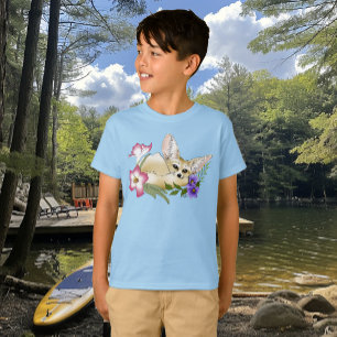 Fennec Fox Pink Purple Flowers Cute Blue Botanical T-Shirt