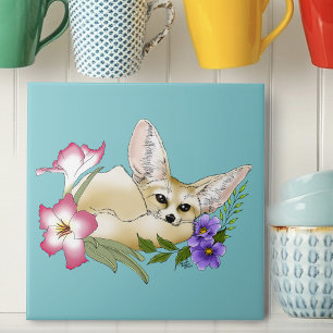 Fennec Fox Pink Purple Flowers Cute Blue Botanical Tile