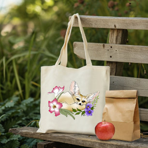 Fennec Fox Pink Purple Flowers Cute Blue Botanical Tote Bag