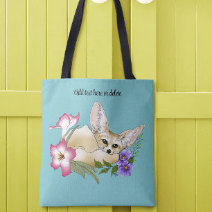 Fennec Fox Pink Purple Flowers Cute Blue Botanical Tote Bag