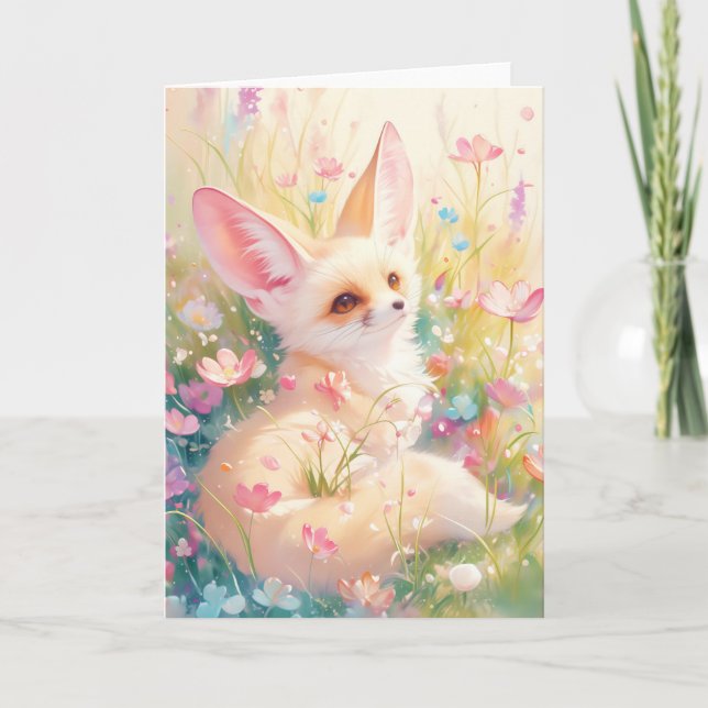 Fennec Fox Resting in a Blooming Meadow Card (Front)