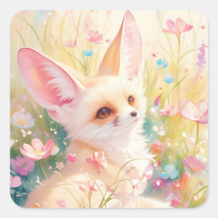 Fennec Fox Resting in a Blooming Meadow Square Sticker