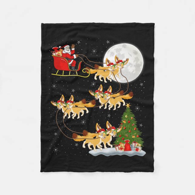 Fennec Fox Santa Sleigh Flying Funny Magical Chris Fleece Blanket (Front)