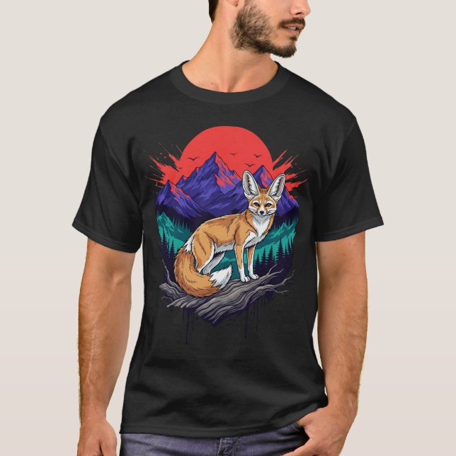 Fennec Fox Sunset Mountain Art Illustration T-Shirt (Front)