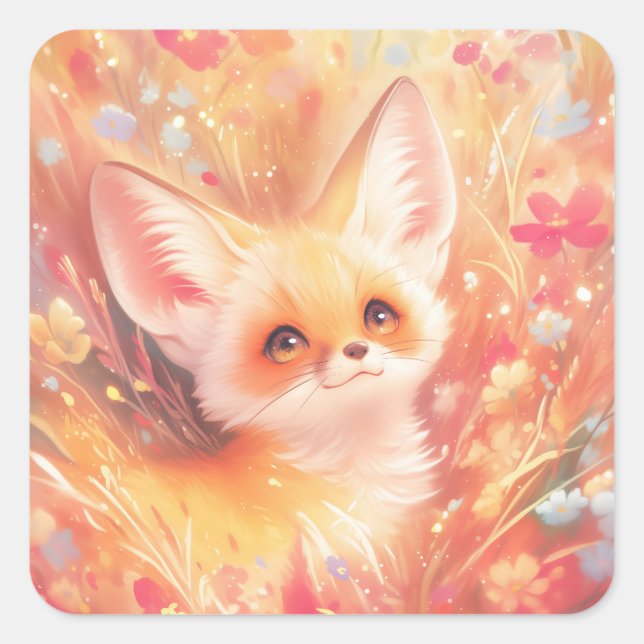 Fennec Fox Surrounded by Sunset Blossoms Square Sticker (Front)