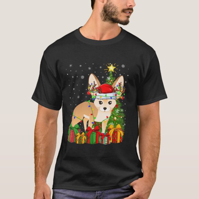 Fennec Fox Xmas Tree Lighting Santa Hat Fennec Fox T-Shirt (Front)