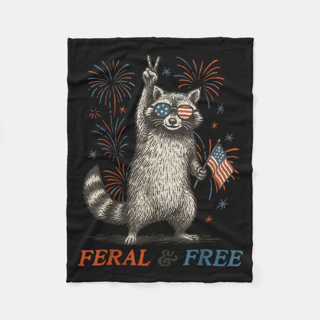 Feral &amp; Funny 4th July Patriotic Racoon Feral  Fleece Blanket (Front)