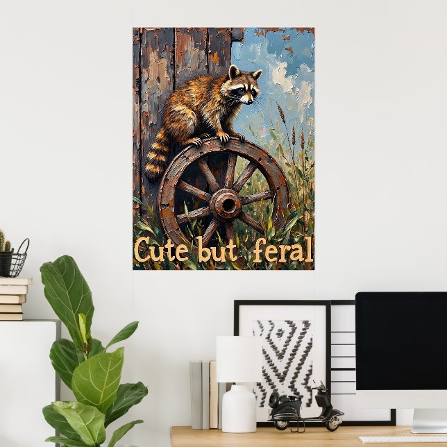 Feral and Fancy: Racoon on Vintage Wheel Poster (Home Office)