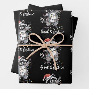 Feral And Festive Christmas Racoon Santa Hat Wrapping Paper Sheet
