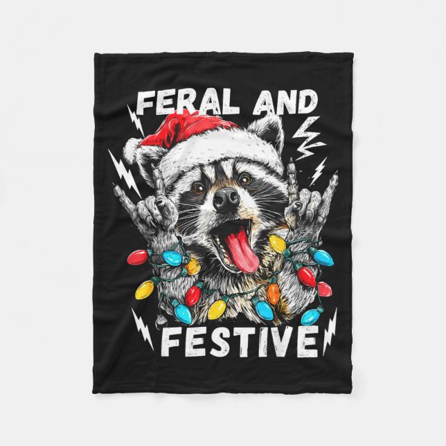 Feral And Festive Funny Christmas Rocker Raccoon S Fleece Blanket (Front)