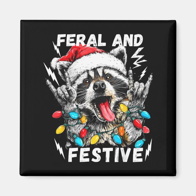 Feral And Festive Funny Christmas Rocker Raccoon S Magnet (Front)