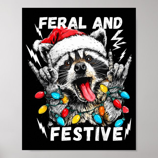 Feral And Festive Funny Christmas Rocker Raccoon S Poster (Front)