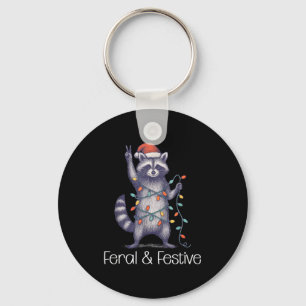 Feral And Festive Raccoon, Funny Christmas Key Ring
