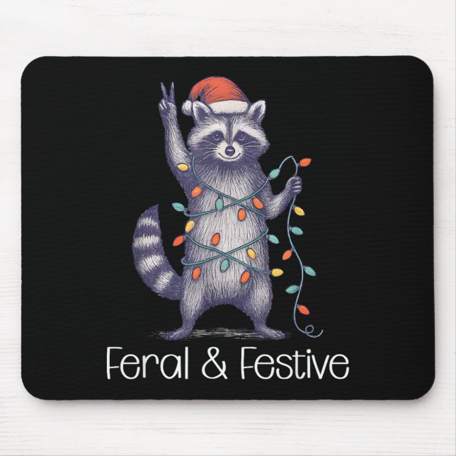 Feral And Festive Raccoon, Funny Christmas  Mouse Mat (Front)