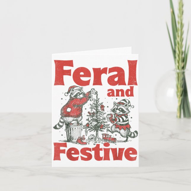 Feral And Festive Raccoon Santa Christmas Holiday  Card (Front)