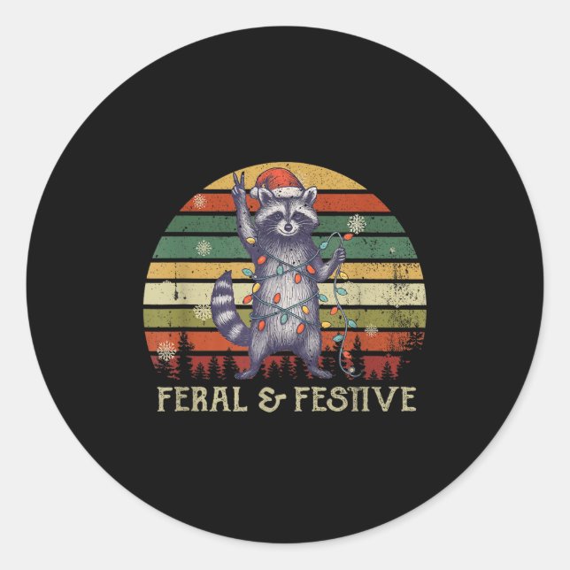 Feral And Festive Raccoon Santa Christmas Holiday  Classic Round Sticker (Front)