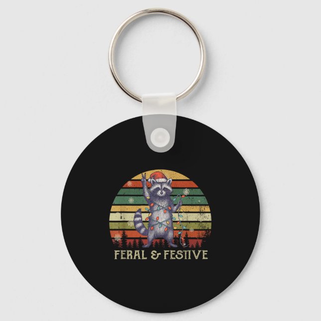 Feral And Festive Raccoon Santa Christmas Holiday  Key Ring (Front)