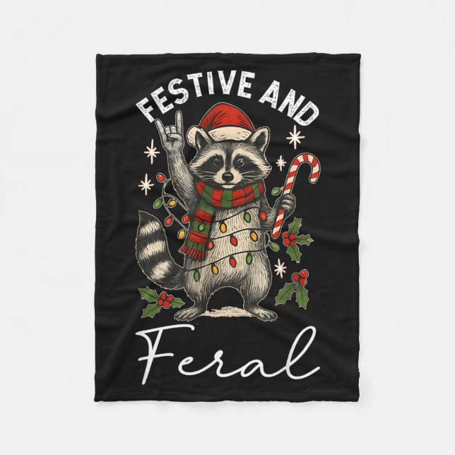 Feral And Festive Raccoon Santa Hat Christmas Ligh Fleece Blanket (Front)