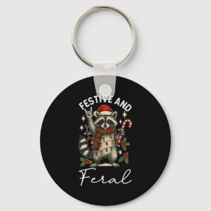 Feral And Festive Raccoon Santa Hat Christmas Ligh Key Ring