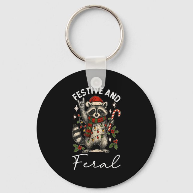 Feral And Festive Raccoon Santa Hat Christmas Ligh Key Ring (Front)