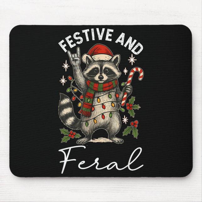 Feral And Festive Raccoon Santa Hat Christmas Ligh Mouse Mat (Front)