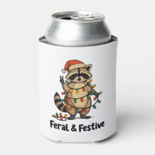 Feral And Festive Racoon Christmas Xmas Lights Can Cooler