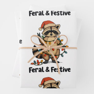 Feral And Festive Racoon Christmas Xmas Lights Wrapping Paper Sheet