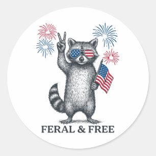 Feral And Free Funny Racoon Feral But Free 4th Of Classic Round Sticker