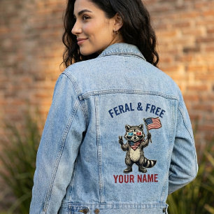 Feral and Free Patriotic Racoon Custom Name Denim Jacket