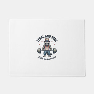 Feral and Free Patriotic Racoon Weightlifting Shi Doormat